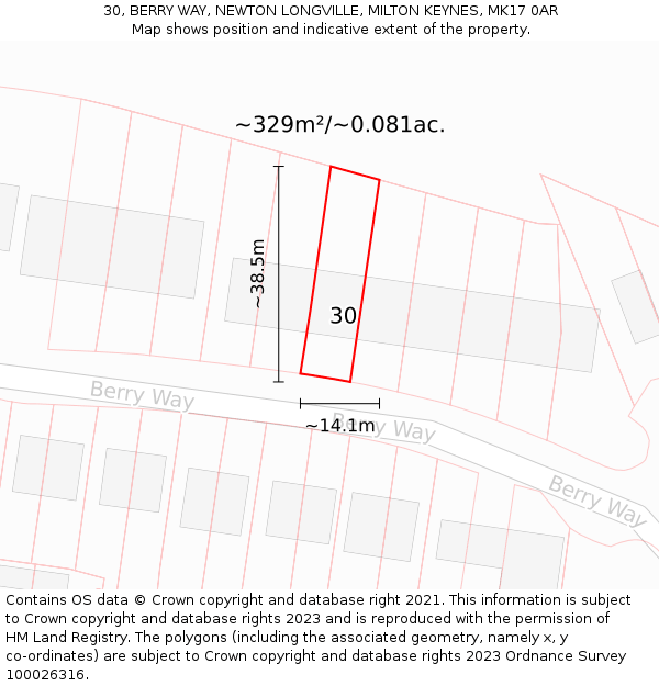 30, BERRY WAY, NEWTON LONGVILLE, MILTON KEYNES, MK17 0AR: Plot and title map