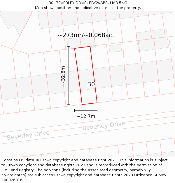 30, BEVERLEY DRIVE, EDGWARE, HA8 5NG: Plot and title map