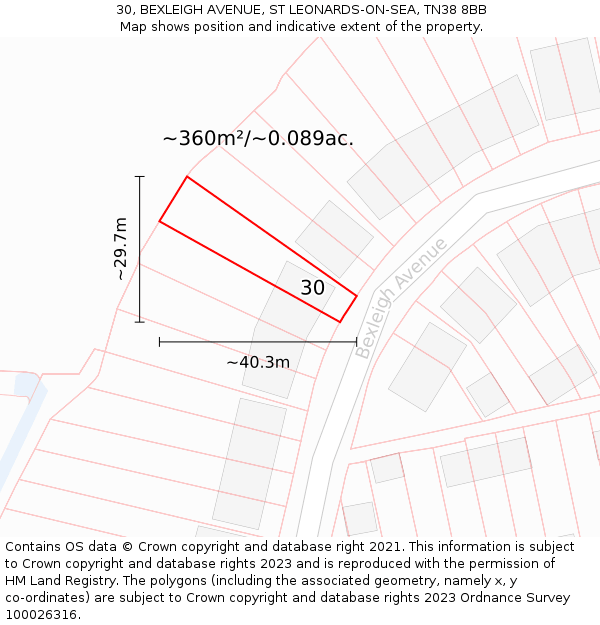 30, BEXLEIGH AVENUE, ST LEONARDS-ON-SEA, TN38 8BB: Plot and title map