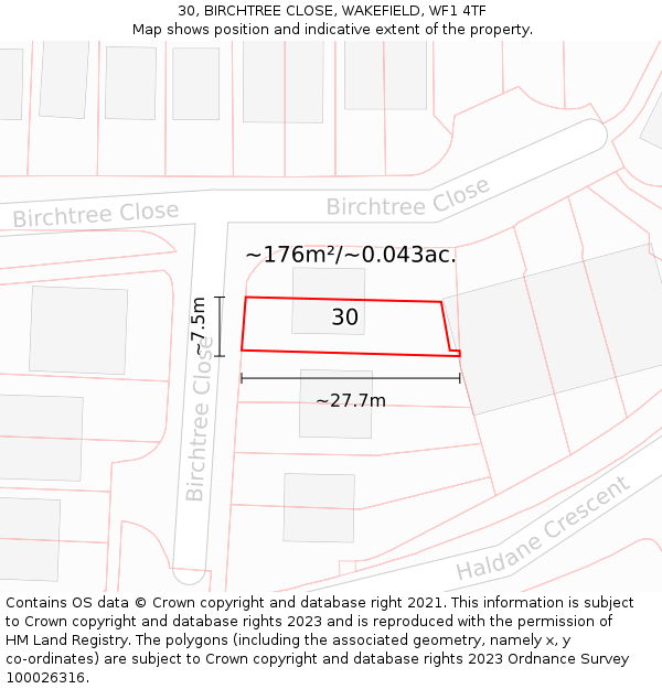 30, BIRCHTREE CLOSE, WAKEFIELD, WF1 4TF: Plot and title map