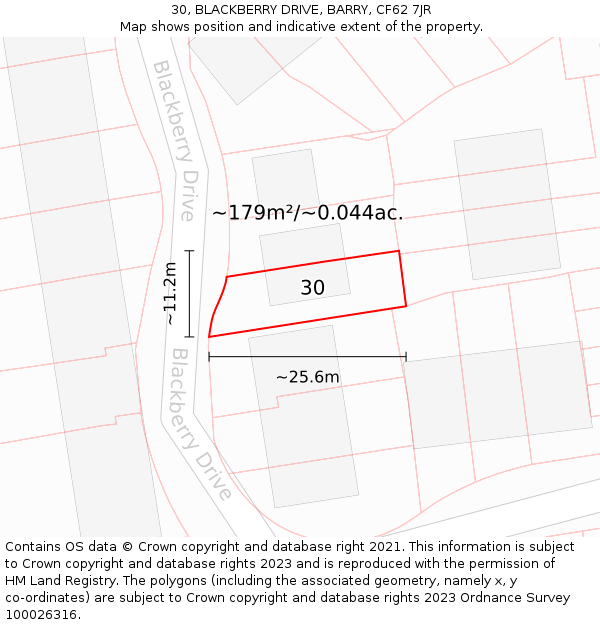 30, BLACKBERRY DRIVE, BARRY, CF62 7JR: Plot and title map