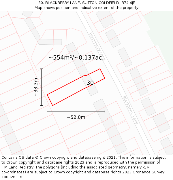 30, BLACKBERRY LANE, SUTTON COLDFIELD, B74 4JE: Plot and title map