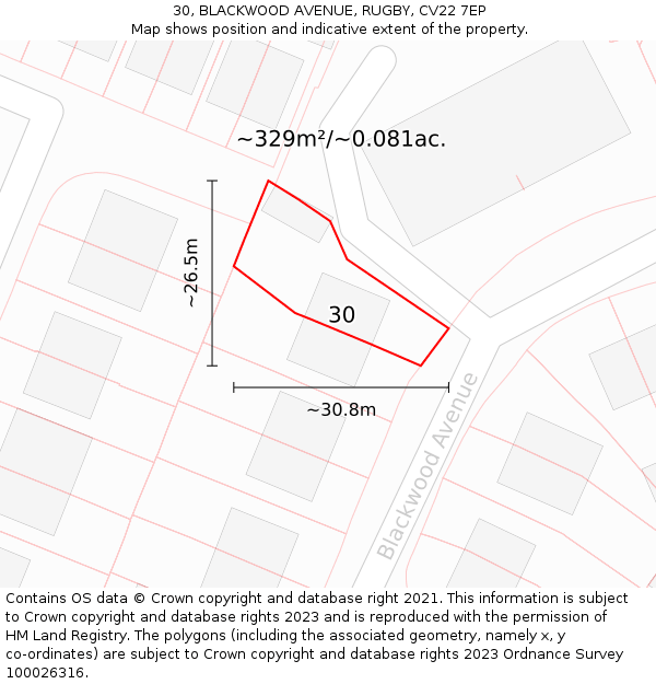 30, BLACKWOOD AVENUE, RUGBY, CV22 7EP: Plot and title map