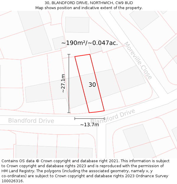 30, BLANDFORD DRIVE, NORTHWICH, CW9 8UD: Plot and title map