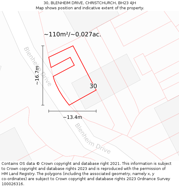 30, BLENHEIM DRIVE, CHRISTCHURCH, BH23 4JH: Plot and title map