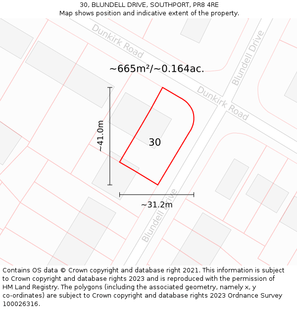 30, BLUNDELL DRIVE, SOUTHPORT, PR8 4RE: Plot and title map