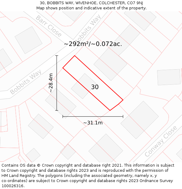 30, BOBBITS WAY, WIVENHOE, COLCHESTER, CO7 9NJ: Plot and title map