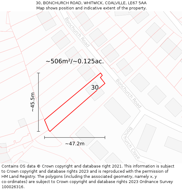 30, BONCHURCH ROAD, WHITWICK, COALVILLE, LE67 5AA: Plot and title map