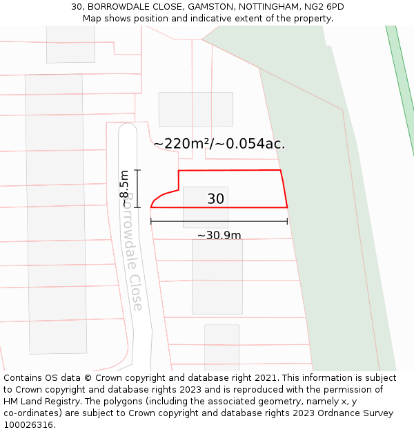 30, BORROWDALE CLOSE, GAMSTON, NOTTINGHAM, NG2 6PD: Plot and title map