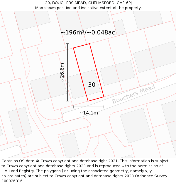 30, BOUCHERS MEAD, CHELMSFORD, CM1 6PJ: Plot and title map