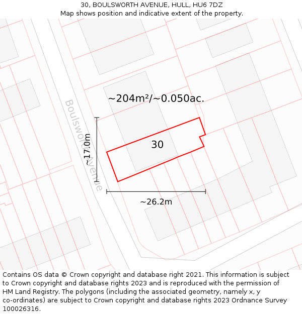 30, BOULSWORTH AVENUE, HULL, HU6 7DZ: Plot and title map