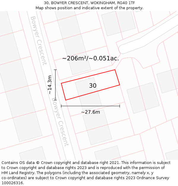 30, BOWYER CRESCENT, WOKINGHAM, RG40 1TF: Plot and title map