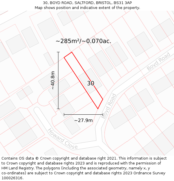 30, BOYD ROAD, SALTFORD, BRISTOL, BS31 3AP: Plot and title map