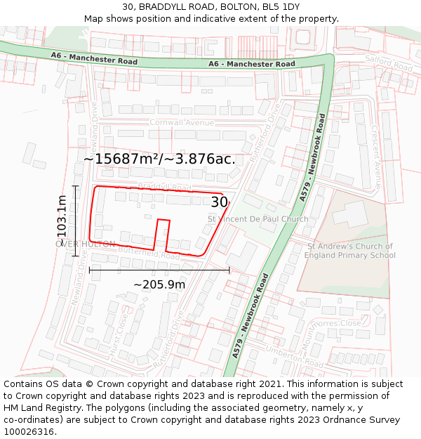 30, BRADDYLL ROAD, BOLTON, BL5 1DY: Plot and title map