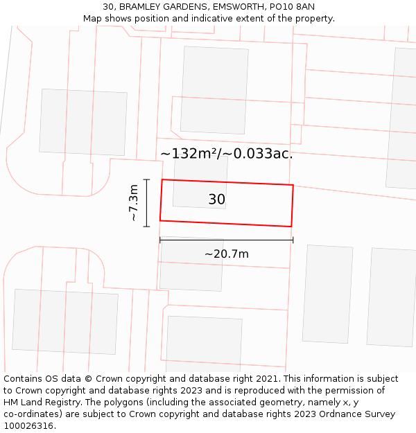 30, BRAMLEY GARDENS, EMSWORTH, PO10 8AN: Plot and title map