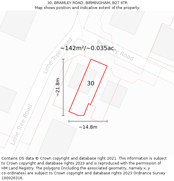 30, BRAMLEY ROAD, BIRMINGHAM, B27 6TR: Plot and title map