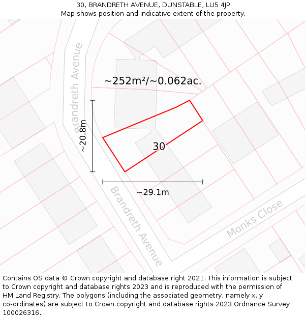 30, BRANDRETH AVENUE, DUNSTABLE, LU5 4JP: Plot and title map