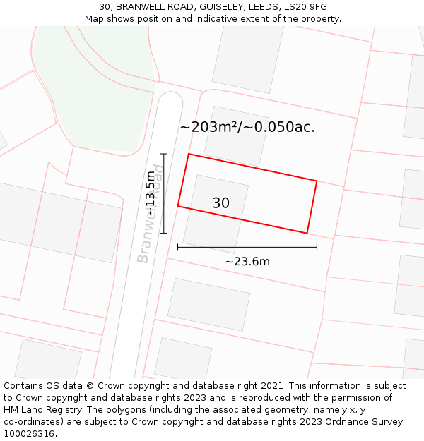 30, BRANWELL ROAD, GUISELEY, LEEDS, LS20 9FG: Plot and title map