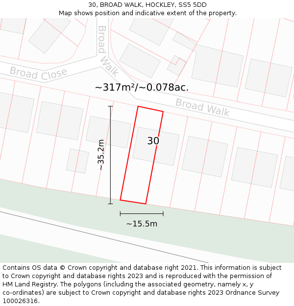 30, BROAD WALK, HOCKLEY, SS5 5DD: Plot and title map