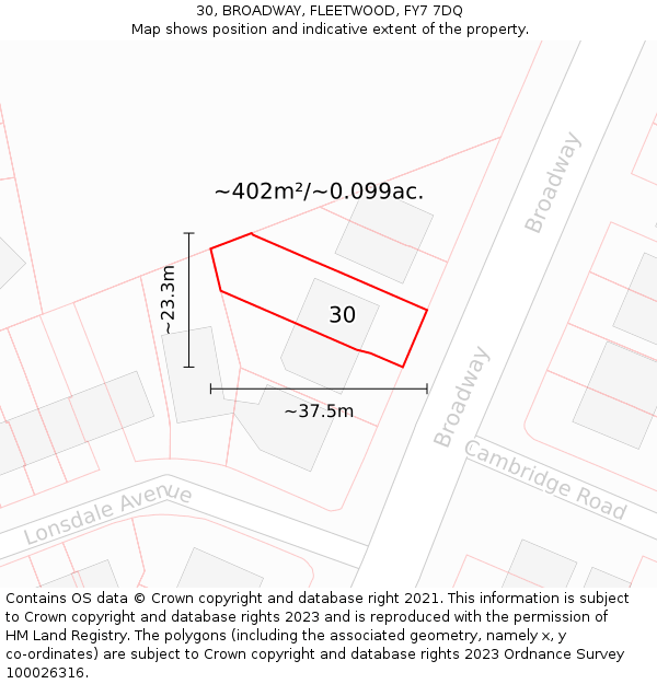 30, BROADWAY, FLEETWOOD, FY7 7DQ: Plot and title map