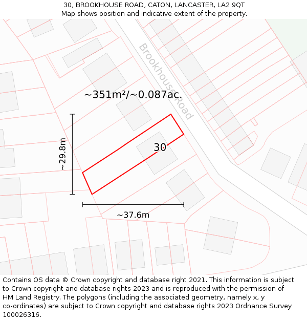 30, BROOKHOUSE ROAD, CATON, LANCASTER, LA2 9QT: Plot and title map