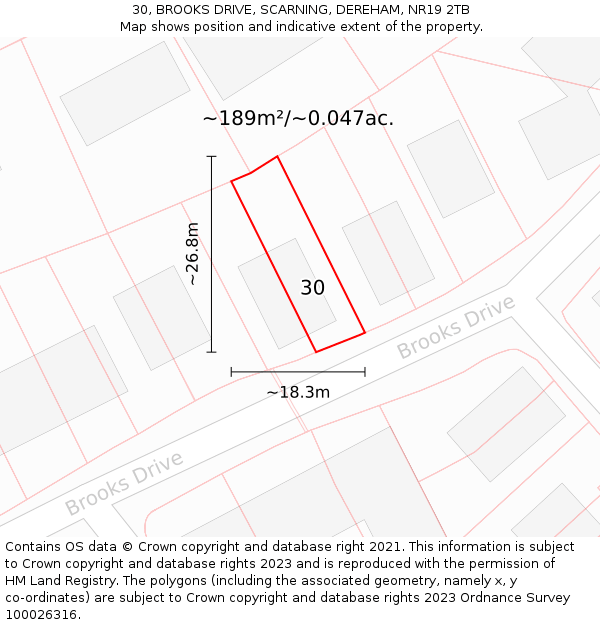 30, BROOKS DRIVE, SCARNING, DEREHAM, NR19 2TB: Plot and title map