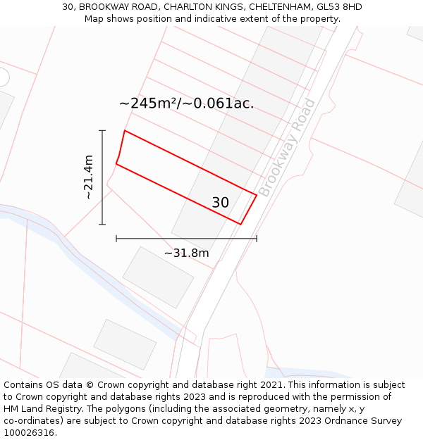 30, BROOKWAY ROAD, CHARLTON KINGS, CHELTENHAM, GL53 8HD: Plot and title map