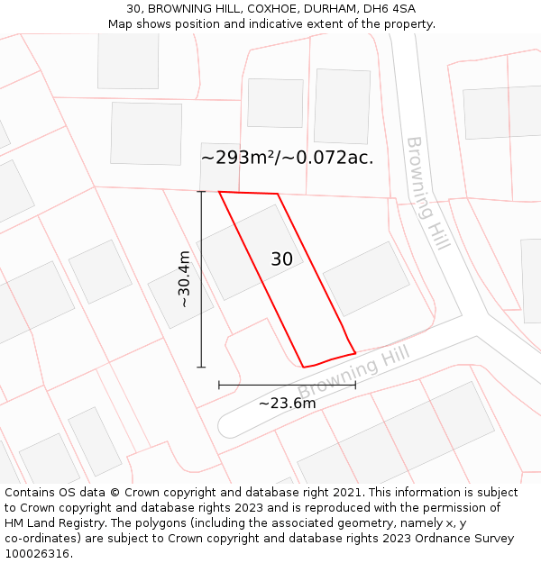 30, BROWNING HILL, COXHOE, DURHAM, DH6 4SA: Plot and title map