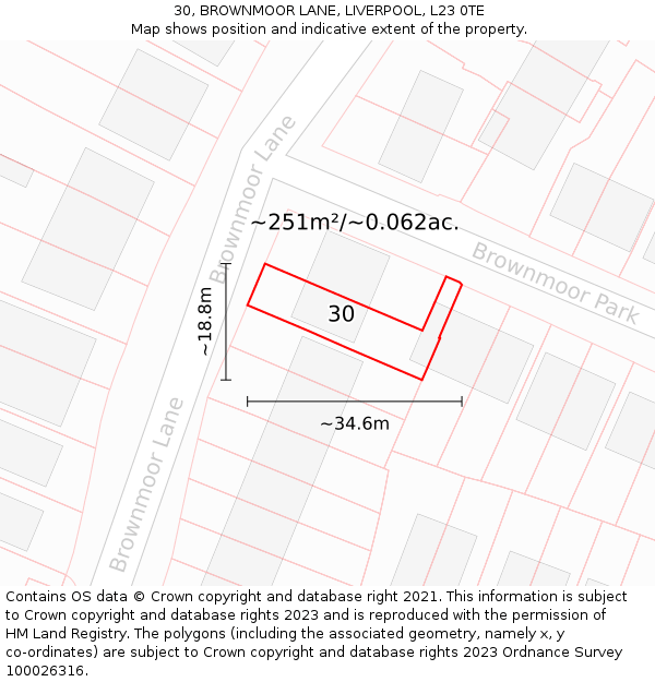 30, BROWNMOOR LANE, LIVERPOOL, L23 0TE: Plot and title map