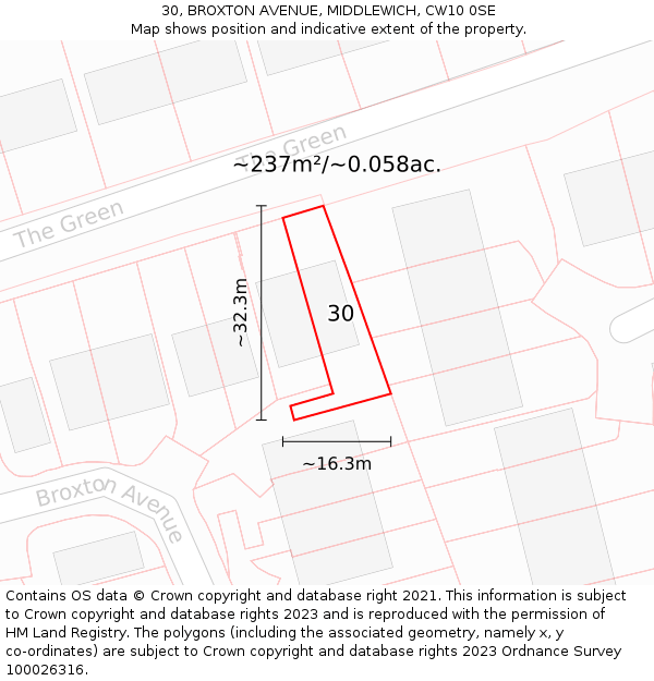 30, BROXTON AVENUE, MIDDLEWICH, CW10 0SE: Plot and title map