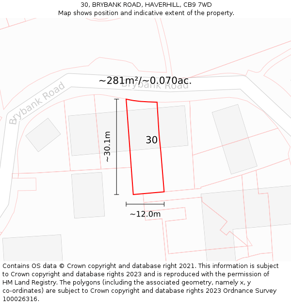 30, BRYBANK ROAD, HAVERHILL, CB9 7WD: Plot and title map