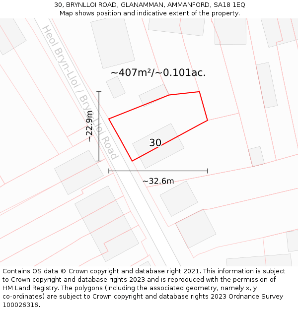 30, BRYNLLOI ROAD, GLANAMMAN, AMMANFORD, SA18 1EQ: Plot and title map