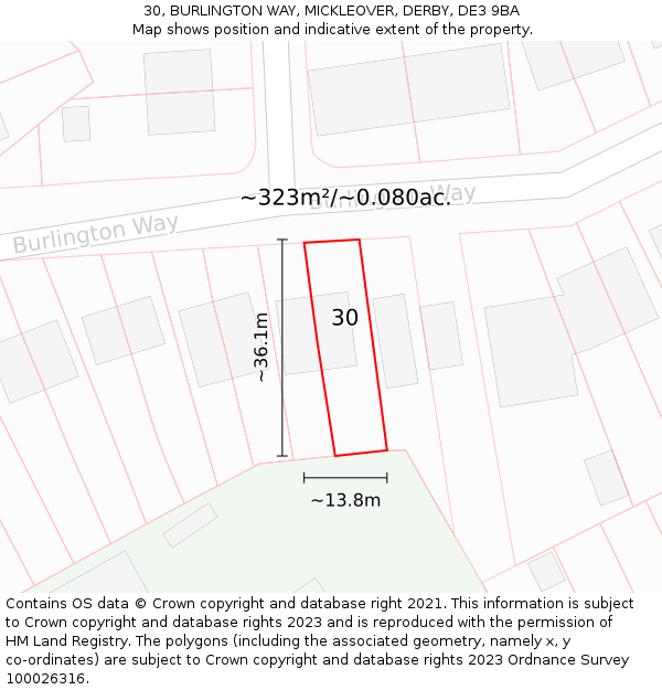 30, BURLINGTON WAY, MICKLEOVER, DERBY, DE3 9BA: Plot and title map