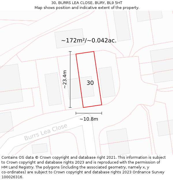 30, BURRS LEA CLOSE, BURY, BL9 5HT: Plot and title map