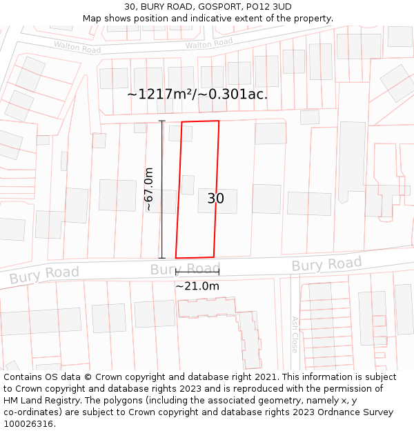 30, BURY ROAD, GOSPORT, PO12 3UD: Plot and title map