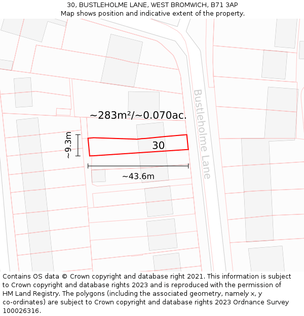 30, BUSTLEHOLME LANE, WEST BROMWICH, B71 3AP: Plot and title map