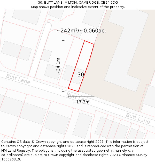 30, BUTT LANE, MILTON, CAMBRIDGE, CB24 6DG: Plot and title map