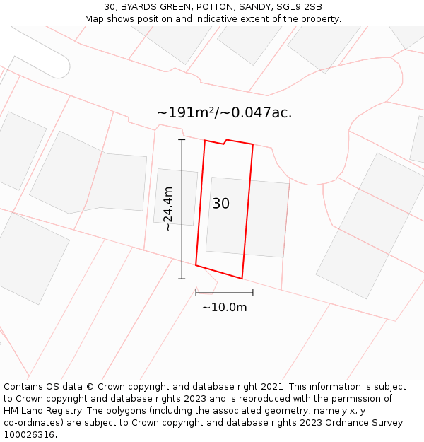 30, BYARDS GREEN, POTTON, SANDY, SG19 2SB: Plot and title map