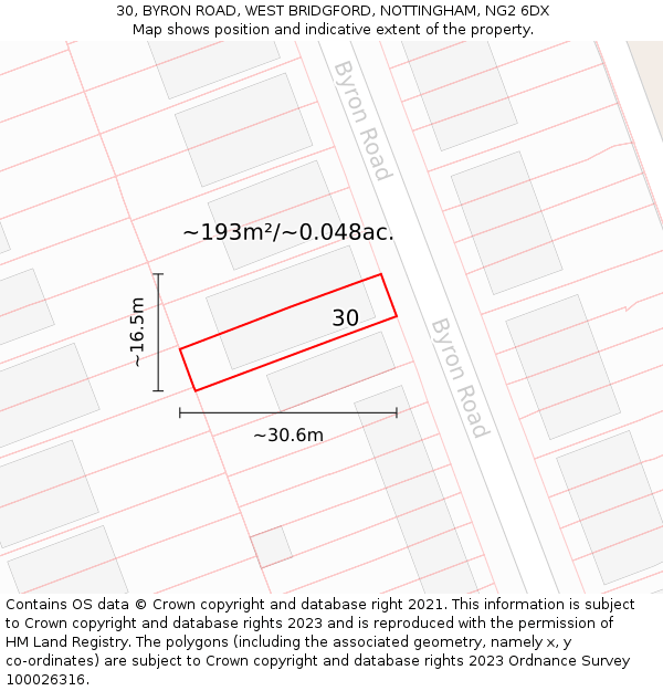 30, BYRON ROAD, WEST BRIDGFORD, NOTTINGHAM, NG2 6DX: Plot and title map