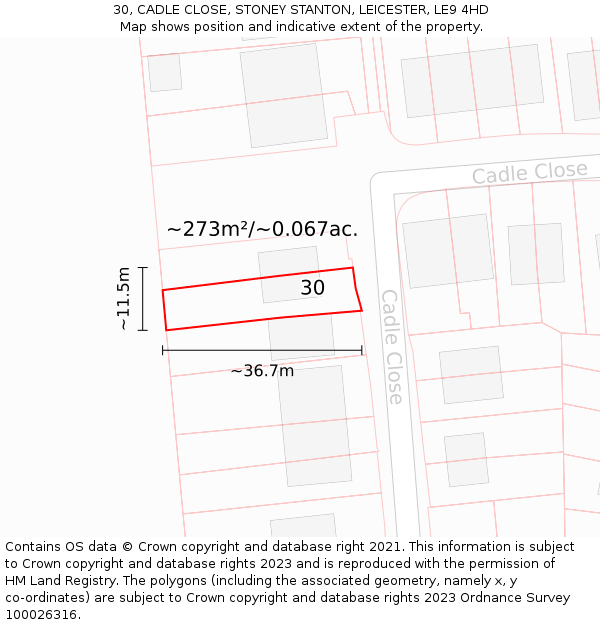 30, CADLE CLOSE, STONEY STANTON, LEICESTER, LE9 4HD: Plot and title map