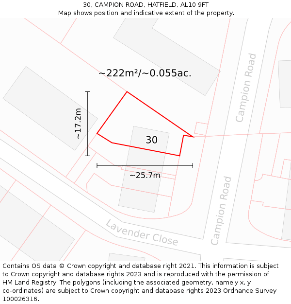 30, CAMPION ROAD, HATFIELD, AL10 9FT: Plot and title map