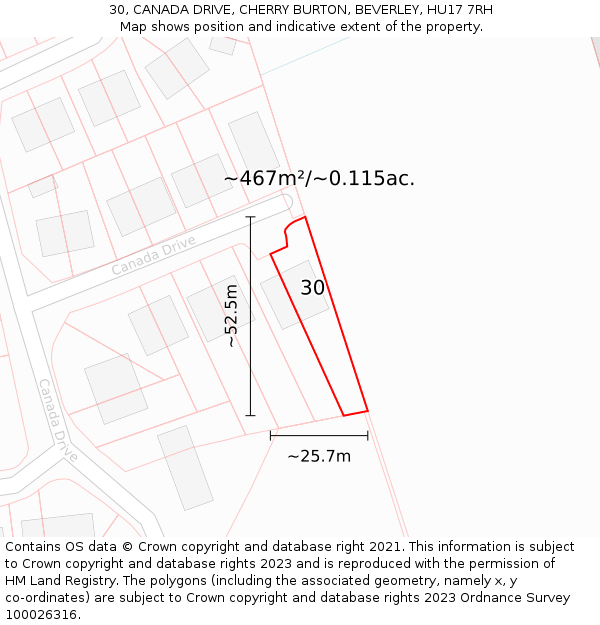 30, CANADA DRIVE, CHERRY BURTON, BEVERLEY, HU17 7RH: Plot and title map