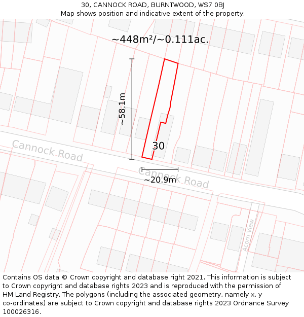 30, CANNOCK ROAD, BURNTWOOD, WS7 0BJ: Plot and title map