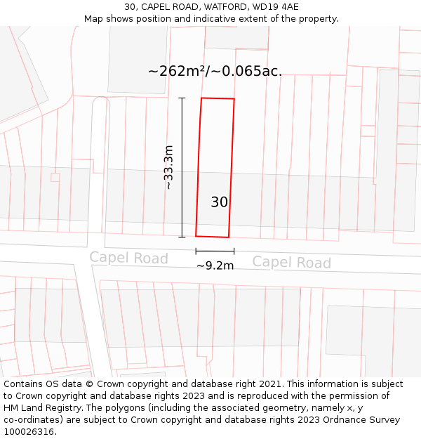 30, CAPEL ROAD, WATFORD, WD19 4AE: Plot and title map