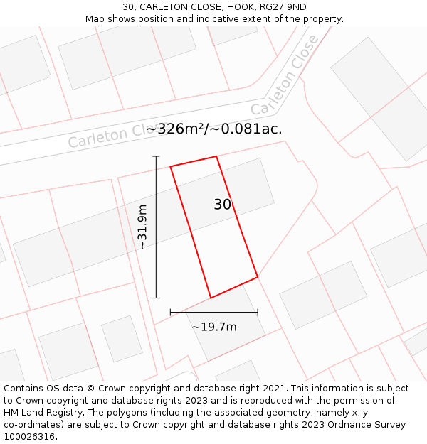 30, CARLETON CLOSE, HOOK, RG27 9ND: Plot and title map