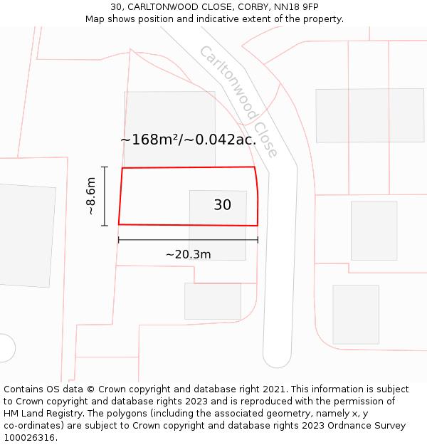 30, CARLTONWOOD CLOSE, CORBY, NN18 9FP: Plot and title map