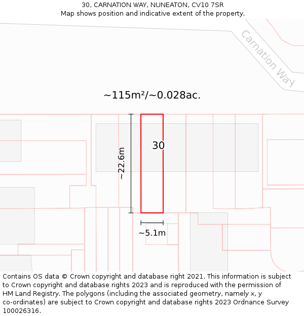30, CARNATION WAY, NUNEATON, CV10 7SR: Plot and title map
