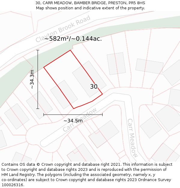 30, CARR MEADOW, BAMBER BRIDGE, PRESTON, PR5 8HS: Plot and title map
