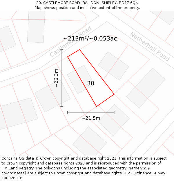 30, CASTLEMORE ROAD, BAILDON, SHIPLEY, BD17 6QN: Plot and title map
