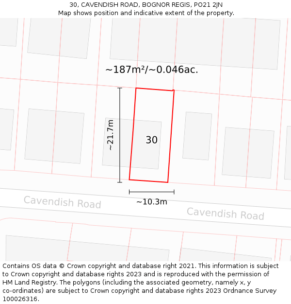 30, CAVENDISH ROAD, BOGNOR REGIS, PO21 2JN: Plot and title map